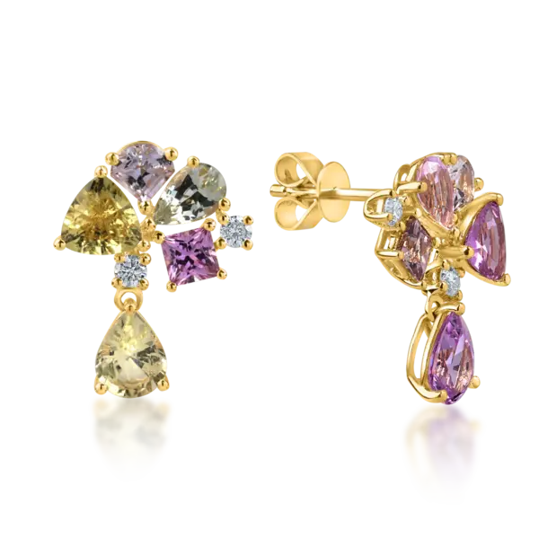 Cercei geometrici din aur galben cu safire multicolore de 3.76ct