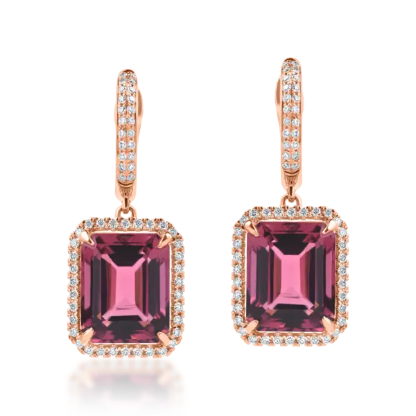 Cercei geometrici din aur roz cu turmaline roz octogonale de 6.9ct si diamante de 0.3ct