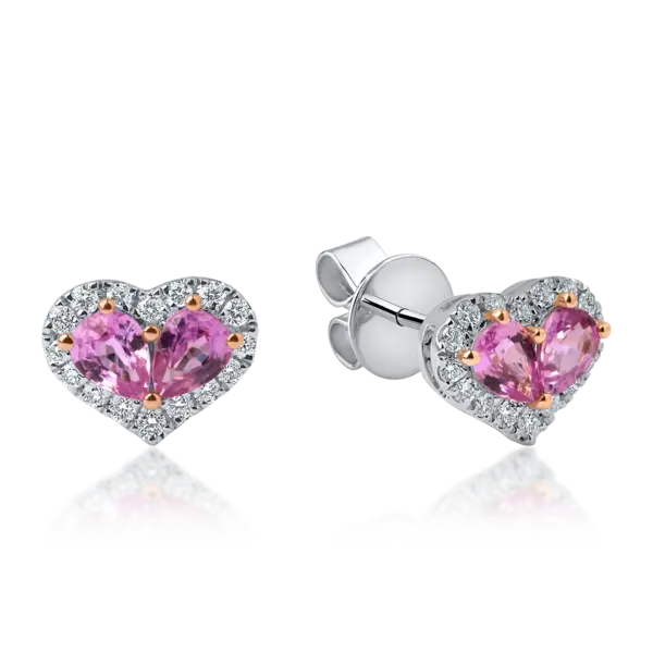 Cercei inimi din aur alb-roz cu safire roz pear de 0.7ct si diamante de 0.17ct