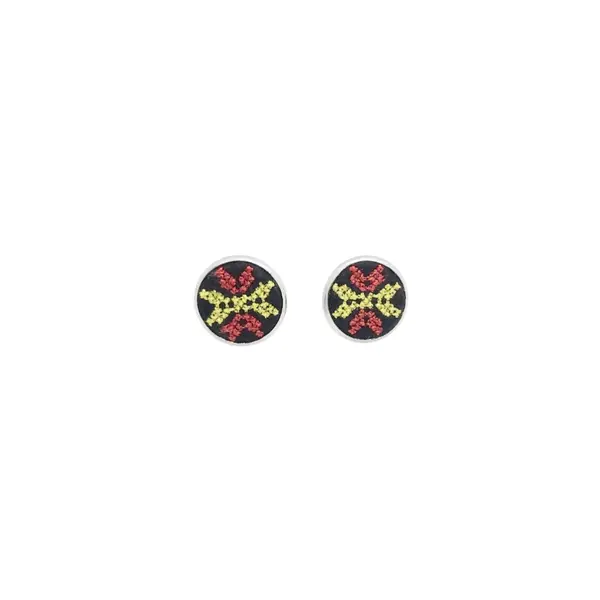 Cercei inox tip surub cu broderie geometrica, diametru 10 mm Rosu-galben, Fetru negru