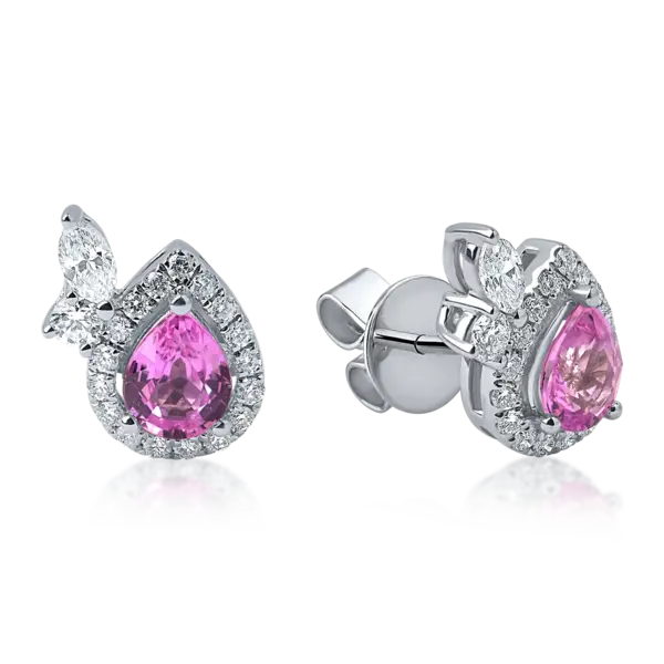 Cercei lacrima din aur alb cu safire roz pear de 0.83ct si diamante de 0.34ct