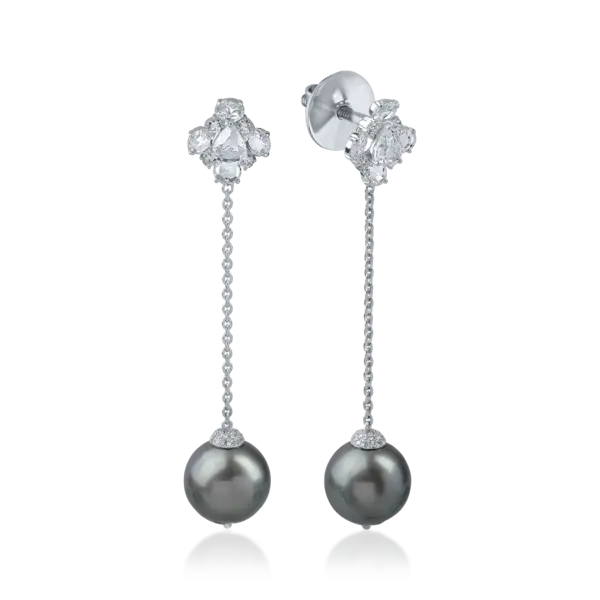 Cercei lungi din aur alb cu perle de cultura de 19.2ct si diamante de 1.8ct