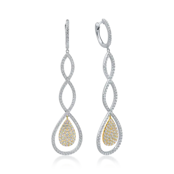 Cercei lungi din aur alb-galben cu diamante baguette de 1.5ct