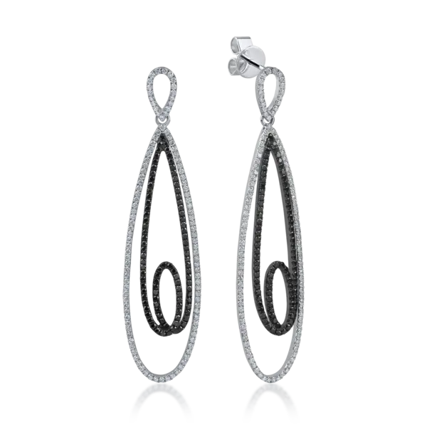 Cercei lungi din aur alb-negru cu diamante negre si incolore de 2.21ct