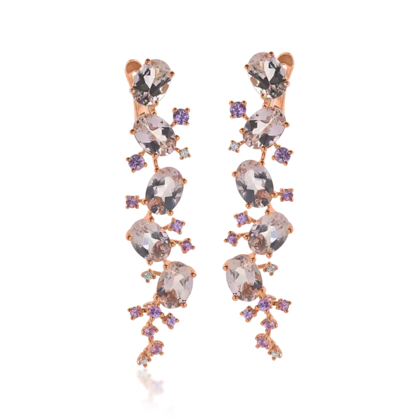 Cercei lungi din aur roz cu pietre pretioase si semipretioase de 7.45ct