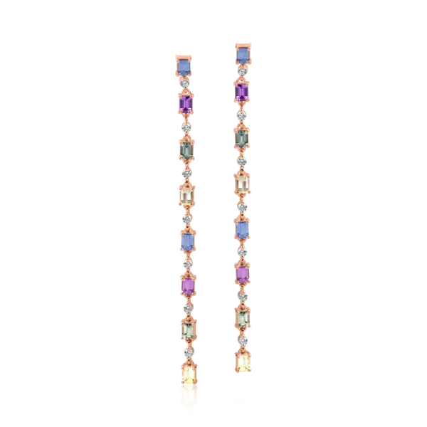 Cercei lungi din aur roz cu safire multicolore octogonale de 4.2ct si diamante de 0.5ct