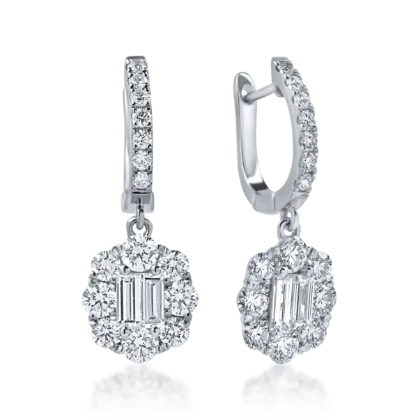Cercei on ear din aur alb cu diamante baguette si rotunde de 1.8ct