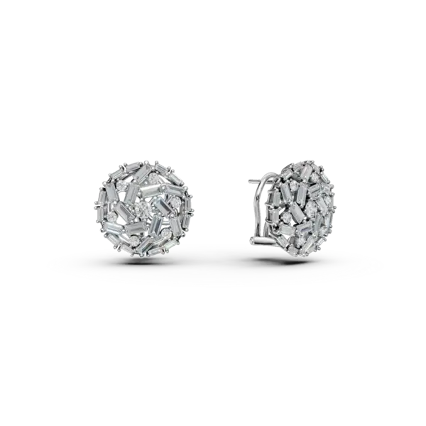 Cercei on ear din aur alb cu diamante baguette si rotunde de 1.4ct