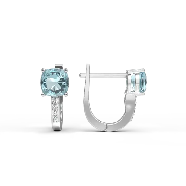 Cercei on ear din aur alb cu topaze swiss blue square de 1.3ct si diamante de 0.02