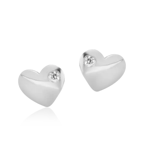 Cercei pentru copii cu inimioare din aur alb cu diamante de 0.04ct