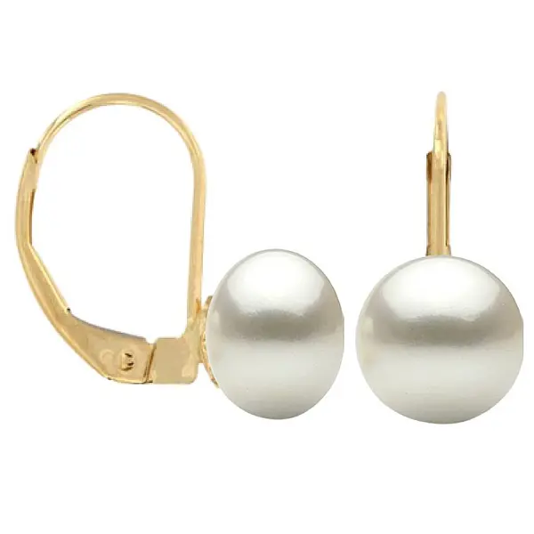 Cercei Perle Albe Mari Naturale 9-10 mm, Aur Galben 14K, Forma Buton, Tortita Inchisa KASKADDA