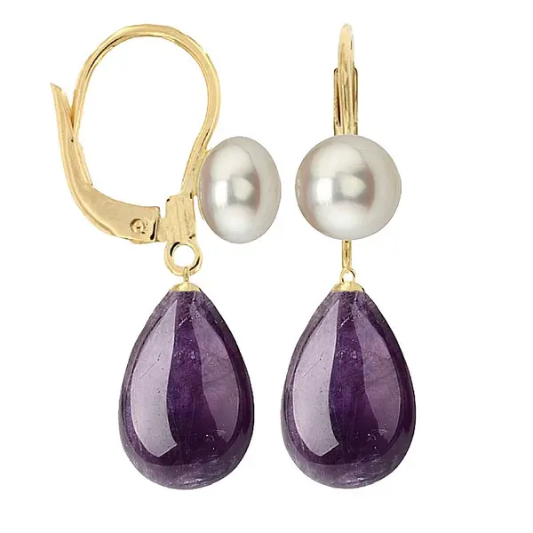 Cercei Perle Albe si Ametist Natural, Forma Lacrima, Aur Galben 14K - Model Princess KASKADDA