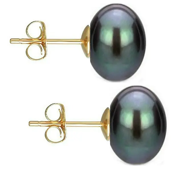 Cercei Perle Mari, Negre, 9-10 mm, Buton, AAA, Aur 14K (aur 585), Tip surub KASKADDA