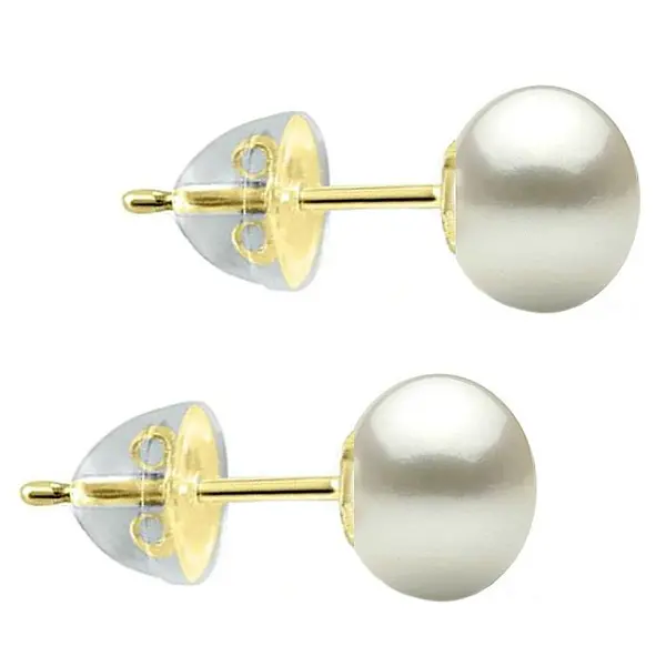 Cercei Perle Naturale Albe 7-8 mm, Buton AAA, Aur 14K (aur 585), Fluturasi Aur in Silicon KASKADDA