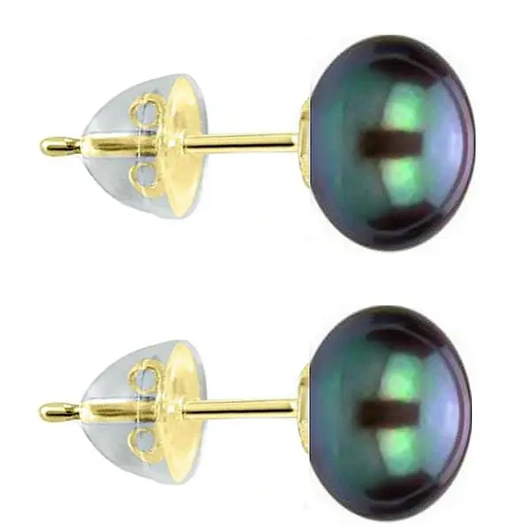 Cercei Perle Naturale Negre 9-10 mm, AAA, Aur 14K (aur 585), Tip surub cu Fluturasi Silicon KASKADDA