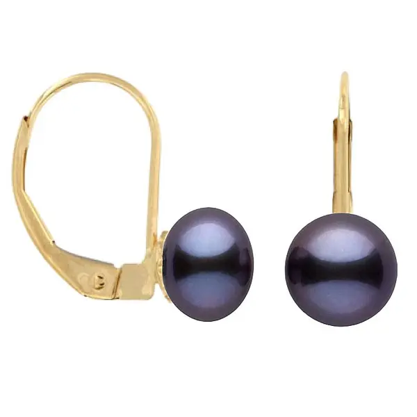 Cercei Perle Negre Naturale 7-8 mm, Aur Galben 14K, Forma Buton, Tortita Inchisa KASKADDA