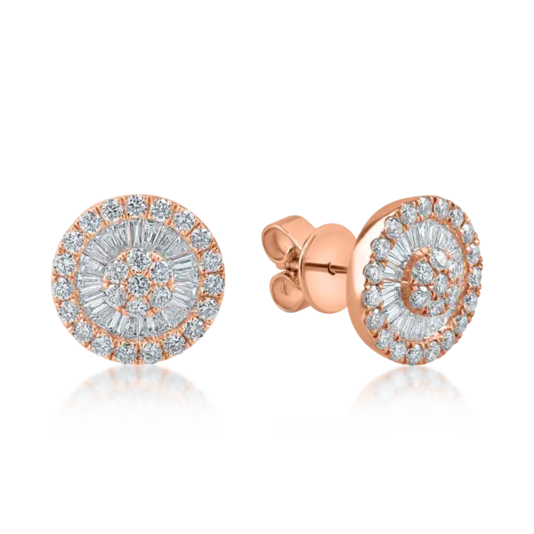 Cercei rotunzi din aur roz cu diamante baguette si rotunde de 0.9ct