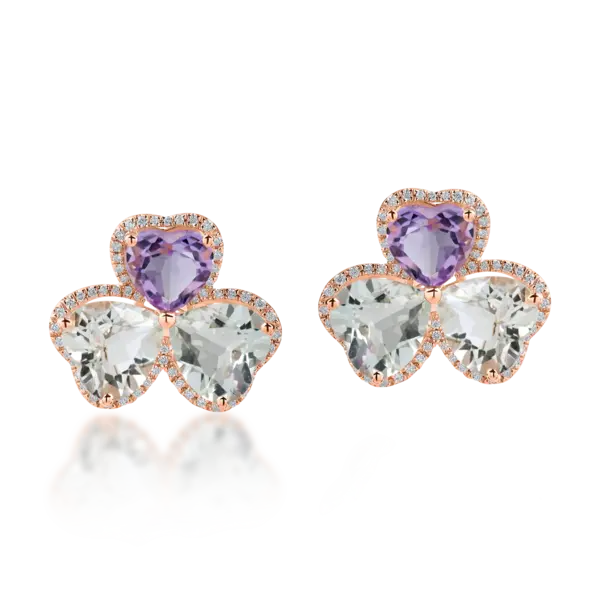 Cercei trifoi din aur roz cu ametiste heart de 8.5ct si diamante de 0.3ct