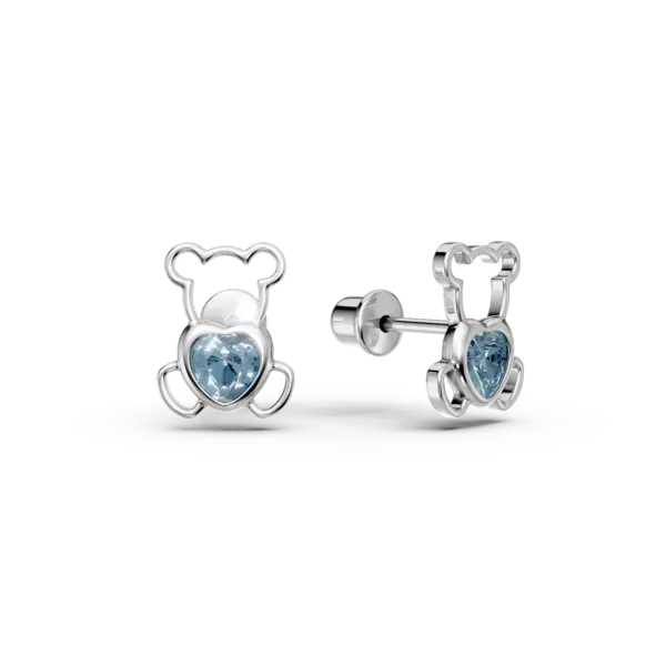 Cercei ursulet din aur alb cu topaze albastre heart de 0.2ct pentru copii