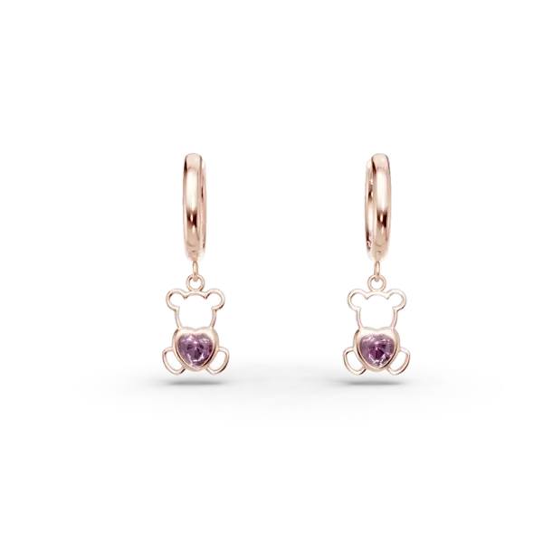 Cercei ursulet din aur roz cu safire roz heart de 0.2ct pentru copii