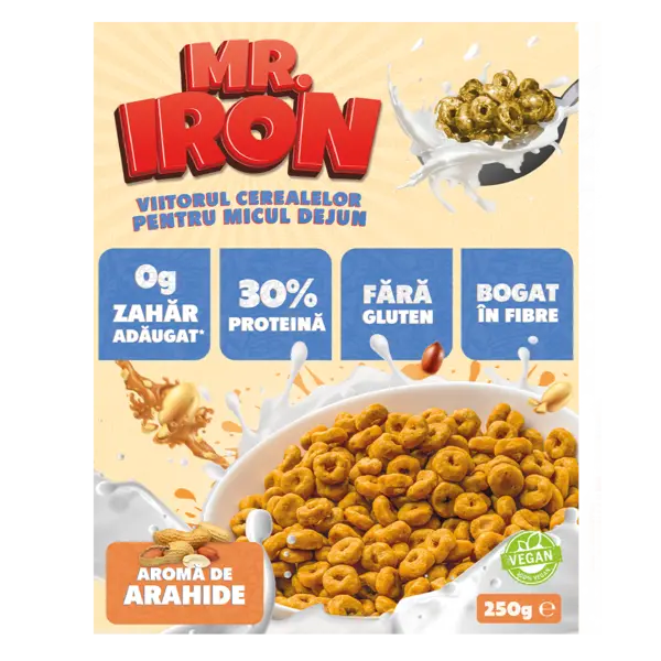Cereale cu 30% proteina fara zahar low-carb gluten free si vegane Unt de Arahide, 250g, Mr. Iron