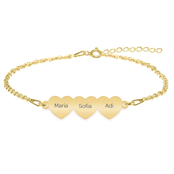 Cesur - Bratara personalizata trei inimi din argint 925 placat cu aur galben 24K