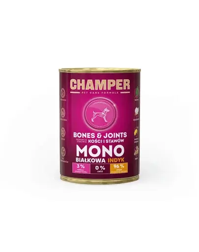 CHAMPER Bones Joints hrana monoproteica pentru caini 400 g curcan