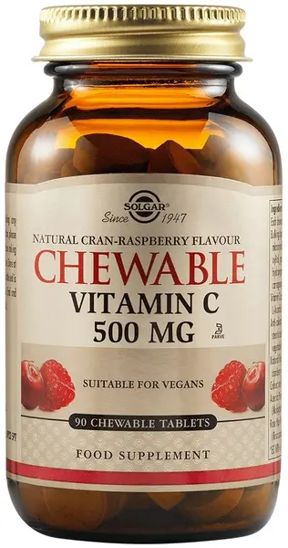 Chewable Vitamin C, zmeură, 500 mg, 90 tablete, Solgar