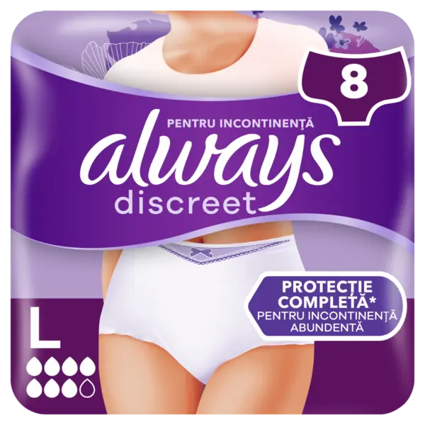 Chiloti pentru incontinenta urinara Discreet 7 picaturi L, 8 bucati, Always