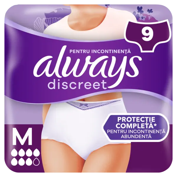 Chiloti pentru incontinenta urinara Discreet 7 picaturi M, 9 bucati, Always