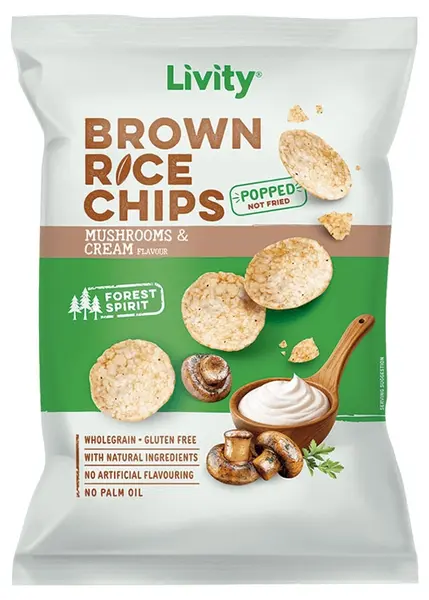 Chips de orez cu ciuperci și smântână, 60 g, Livity