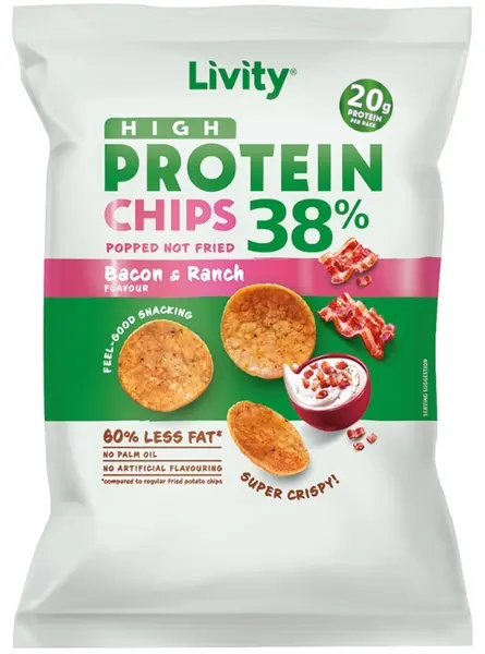 Chips proteic cu bacon și sos ranch, 52 g, Livity