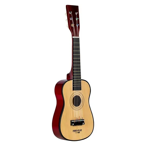 Chitara din lemn, Free2Play, Cu 6 corzi metalice, Dezvolta abilitatile motorii, Stimuleaza auzul si atentia auditiva, 59 cm, 3 ani+, Brown