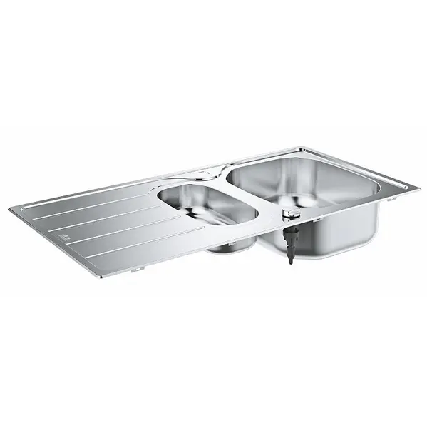 Chiuveta bucatarie Grohe 31564SD1, picurator, 2 cuve, reversibila, montare pe blat, evacuare automata, kit montaj si evacuare, Argintiu