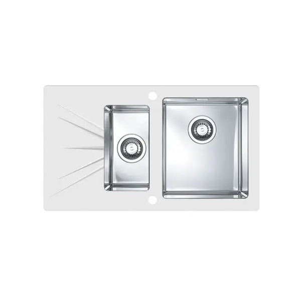 Chiuveta bucatarie inox doua cuve si sticla securizata alba, cuva dreapta, Alveus Karat 20