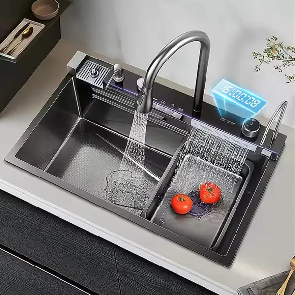 Chiuveta Bucatarie Multifunctionala Negru Grafit cu 2 Cascade, Robinet Cascada, Afisaj Digital Temperatura, Accesorii Incluse