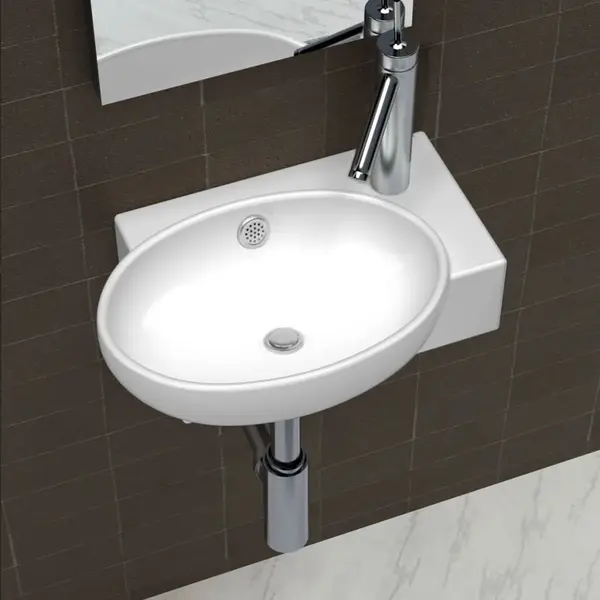 Chiuveta de baie, orificiu robinet & preaplin, alb, ceramica