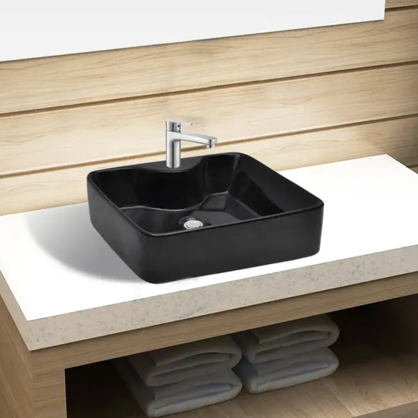 Chiuveta de baie patrata din ceramica cu gaura pentru robinet, negru
