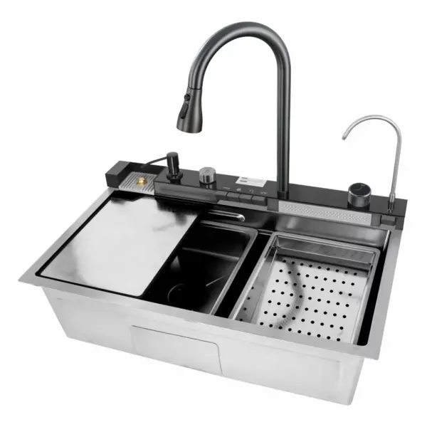 Chiuvetă modernă de bucătărie culoare :argintiu, multifuncțională, duș extractibil, spălător pahare, filtrare apă, inox, calitate premium, accesorii incluse dimensiuni 680*460*220mm