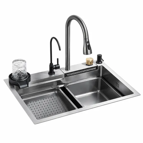 Chiuveta Multifunctionala BisDesign pentru Bucatarie, Toate Accesoriile Incluse, Dus Extractabil, Tocator ABS, Spalator Pahare, Dispenser, Material