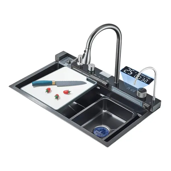 Chiuveta Multifunctionala BisDesign pentru Bucatarie, Toate Accesoriile incluse, Dus Extractabil, Tocator ABS, Material Antiaderent, Afisaj LCD
