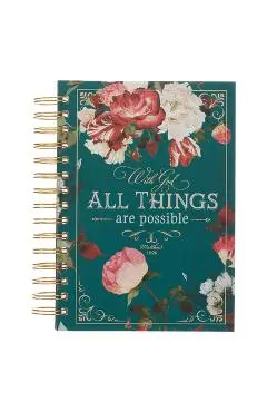Christian Art Gifts Journal W/Scripture for Women with God All Things Mathew 19:26 Bible Verse Teal/Roses 192 Ruled Pages, Large Hardcover Notebook, W - Christianart Gifts