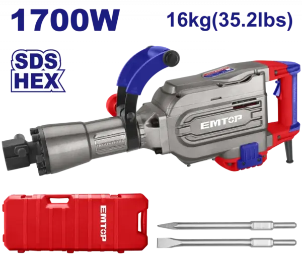 Ciocan demolator HEX, 1700W, 45J, 2 dalti, ambalat in cutie de transport - EDBRH1701, EMTOP