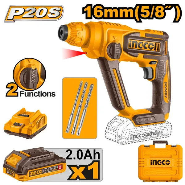 Ciocan Rotopercutor 20V INGCO CRHLI201681E, SDS Plus, 1.5J, 0-850 rpm, 0-5100 bpm, capacitate gaurire beton 16 mm, 1 acumulator 2.0Ah, incarcator, cutie transport