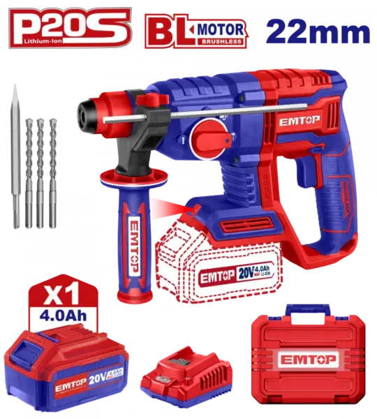 Ciocan rotopercutor cu 1 acumulator 4.0Ah, motor fara perii (brushless), 22mm, 2.0J, 3 burghie, cutie de transport - ELRH202081, EMTOP