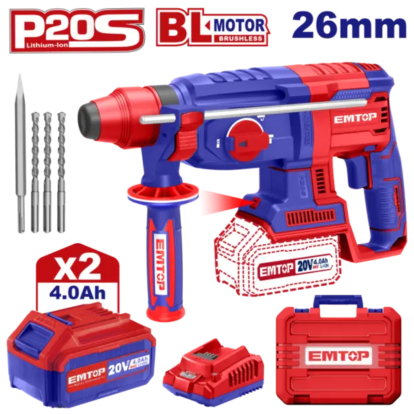 Ciocan rotopercutor cu 2 acumulator 4.0Ah, 22mm, motor fara perii (brushless), cutie de transport - ELRH202287, EMTOP