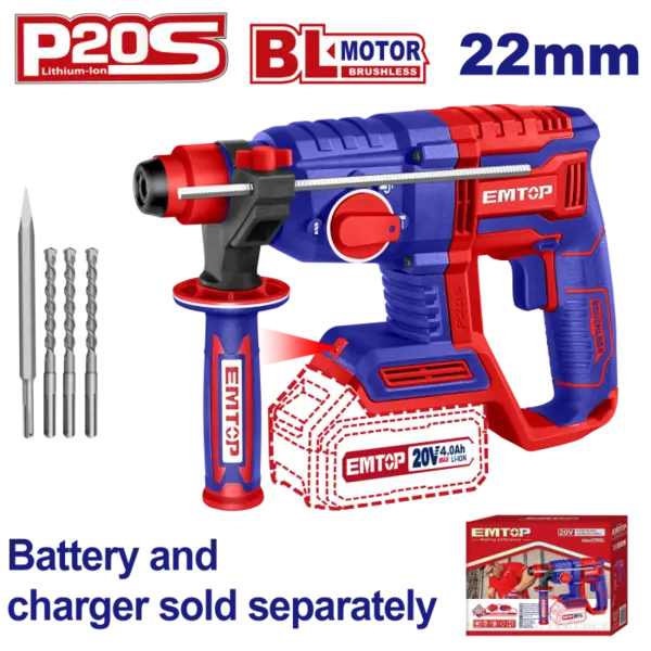 Ciocan rotopercutor fara acumulator si incarcator, motor fara perii (brushless), 22mm, 2.0J, 3 burghie incluse - ELRH20208, EMTOP