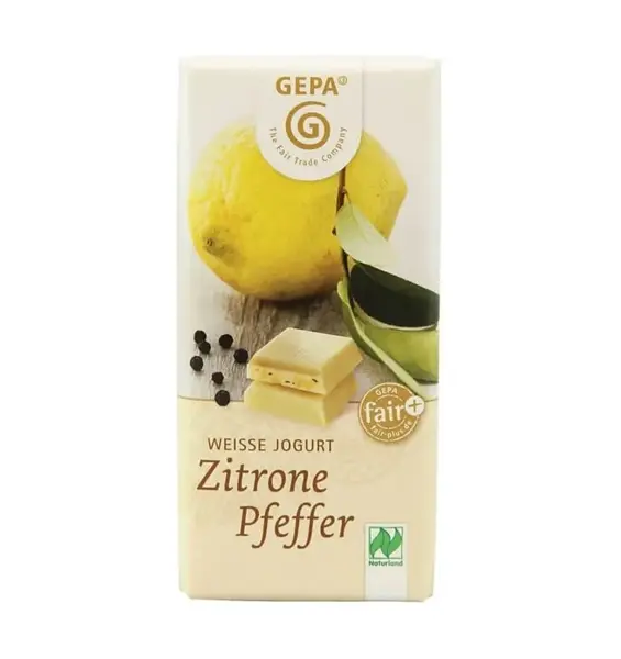 Ciocolata alba Bio cu iaurt, lamaie si piper, 40 gr