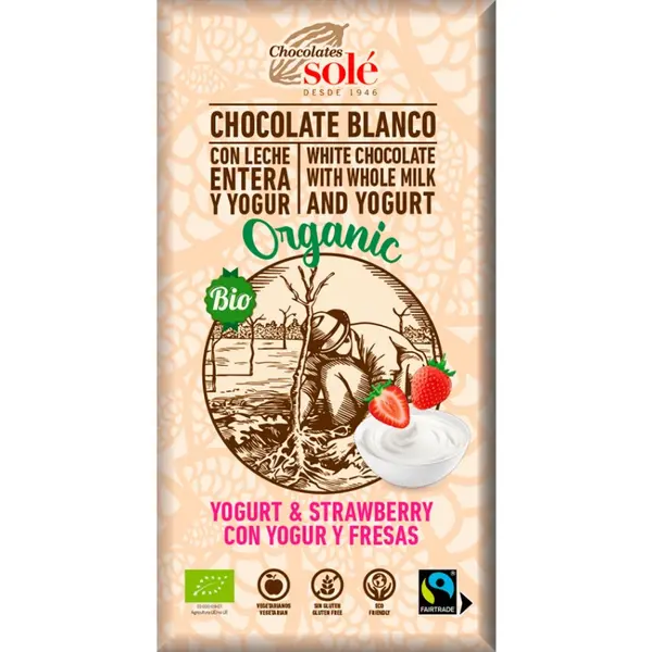 Ciocolata Alba BIO cu Iaurt si Capsuni, 100 g, Chocolates Sole
