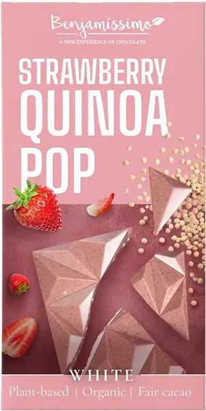 Ciocolată albă organică cu căpșuni, quinoa și culturi vii, 60 g, Benjamissimo
